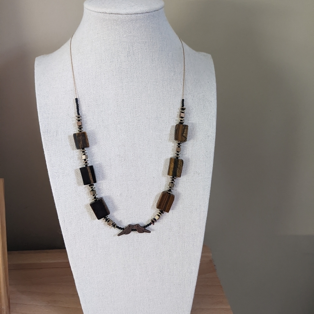 Elegant Brown Agate, Black Glass, Brass, & Copper Bead Necklace